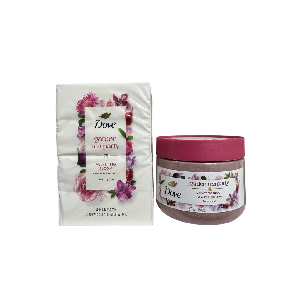 Dove Garden Tea Party Velvet Fig Bloom Soap 4pk & Body Scrub 15oz Set